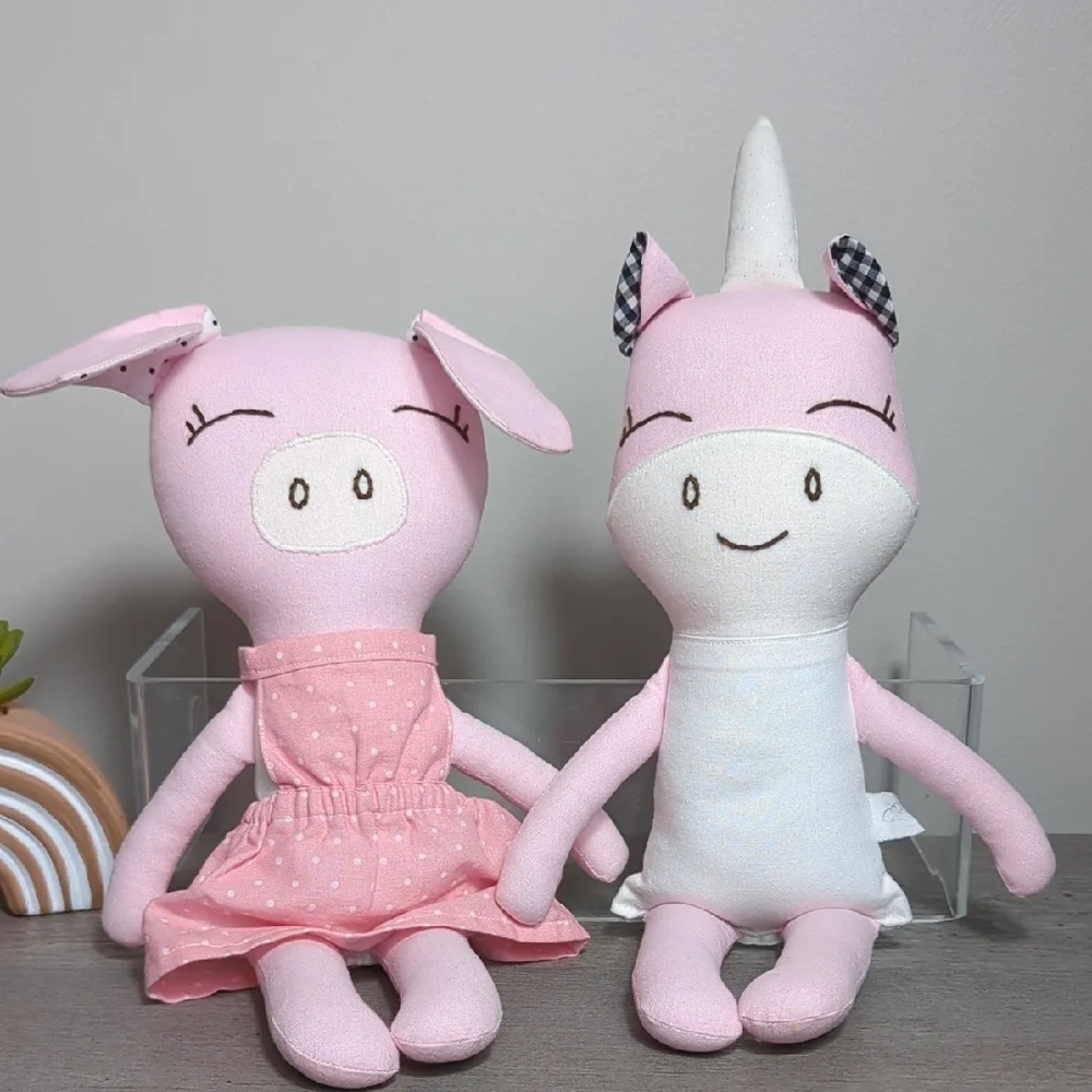 Buttercup Avenue Pink White Plush Unicorn‎ & Piglet Dolls Pair 2 Modern Handmade